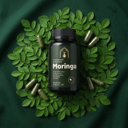 Bouteille de gélules de moringa noire sur feuilles vertes, avec capsules vert foncé.