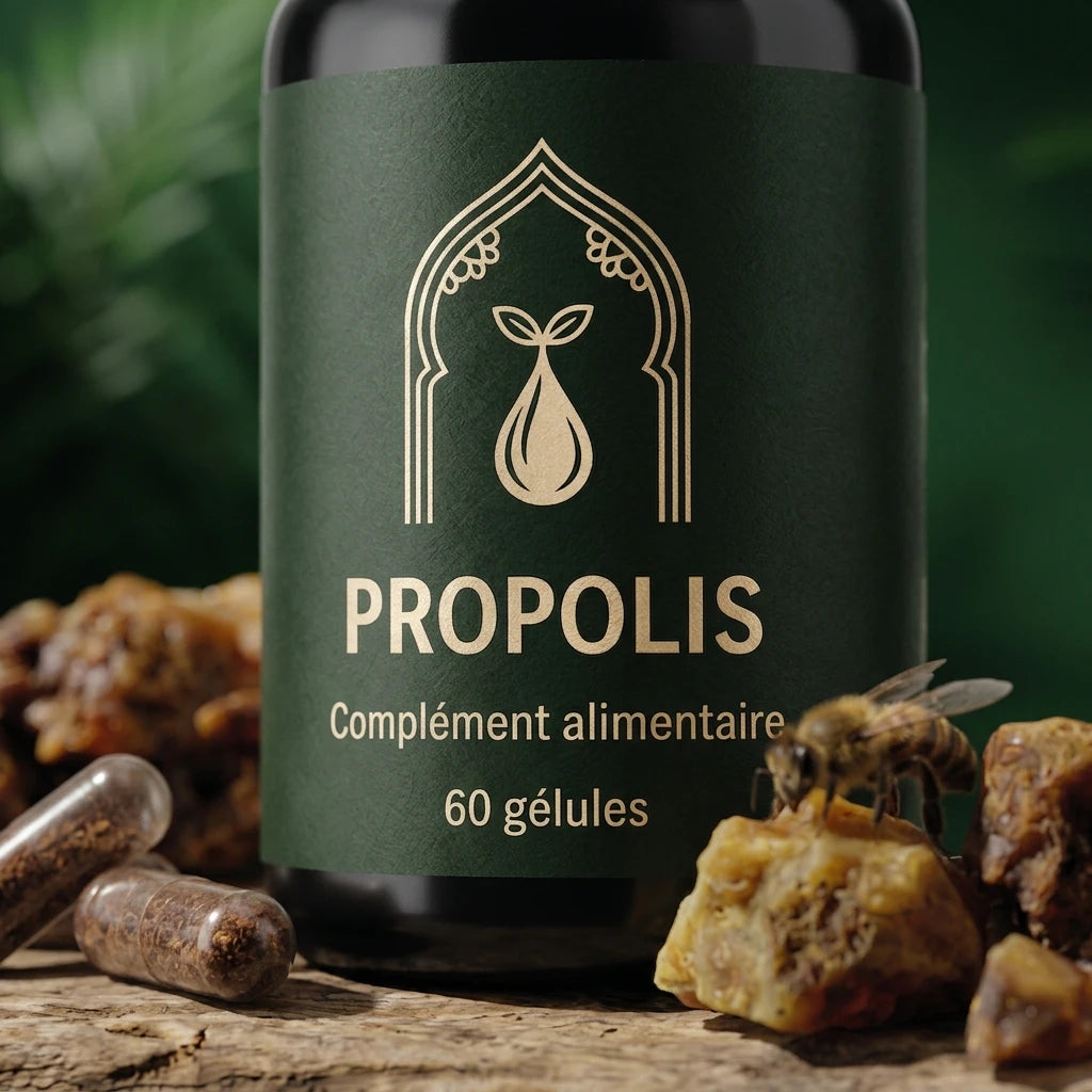Bouteille de propolis : étiquette « Propolis », complément alimentaire, 60 gélules