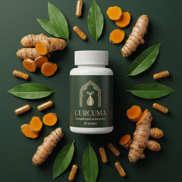 Flacon de complément alimentaire au curcuma avec racines, feuilles et gélules, 60 gélules.