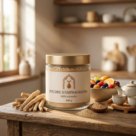 Pot de poudre d’ashwagandha en verre, 100 g, couvercle doré et poudre beige