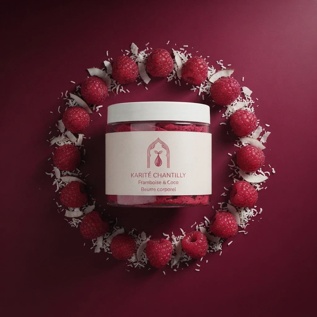 Pot de karité chantilly framboise-coco entouré de framboises et copeaux de coco.