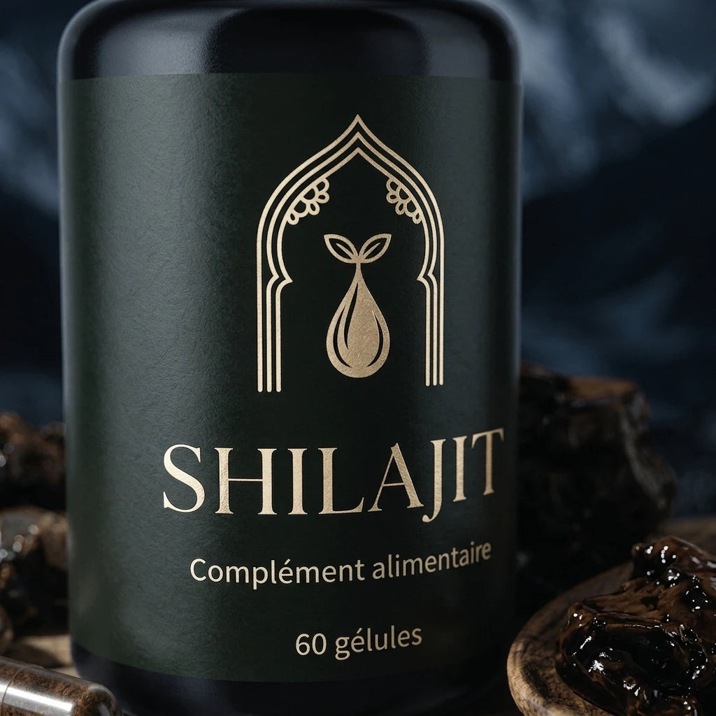 Bocal de Shilajit noir 60 gélules, logo et étiquette dorée sur l’avant.