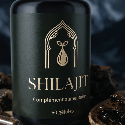 Bocal de Shilajit noir 60 gélules, logo et étiquette dorée sur l’avant.