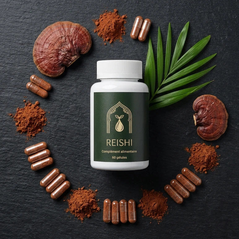 Pot Reishi 60 gélules au centre, capsules brunes et poudre visibles autour