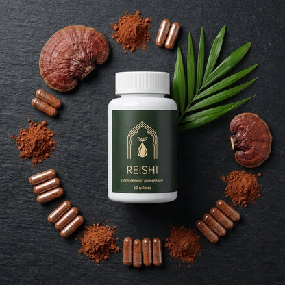 Pot Reishi 60 gélules au centre, capsules brunes et poudre visibles autour