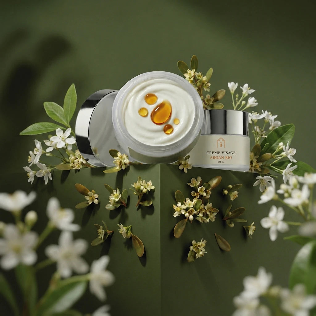 Pot de crème visage à l’argan bio, couvercle ouvert, crème ivoire et gouttes ambrées