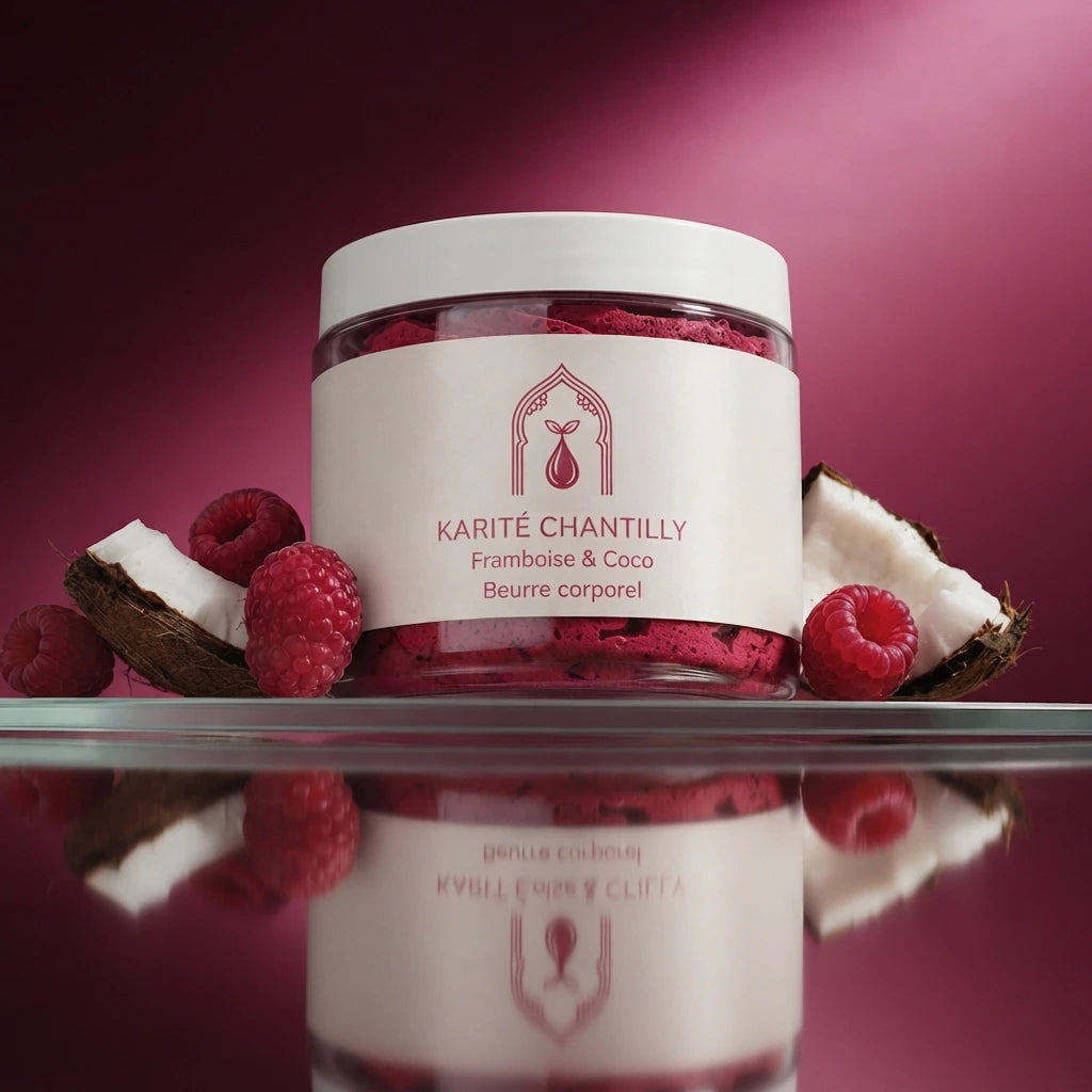 Pot de karité chantilly framboise-coco, pot blanc à étiquette rose, couvercle.