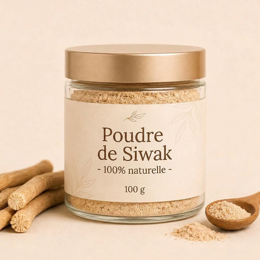 Bocal de poudre de siwak 100 g, couvercle doré, poudre beige visible