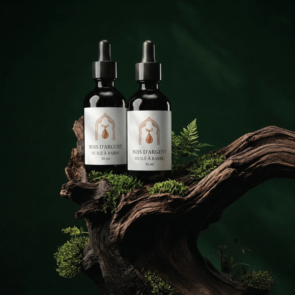 Deux flacons d’huile à barbe, pipettes noires, étiquettes beige, sur racine