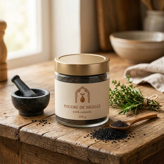 Pot en verre de poudre noire de nigelle, couvercle doré, 100 g