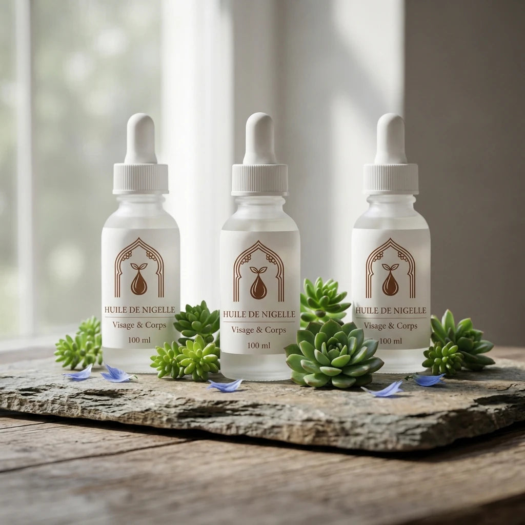 Lot de 3 flacons d’huile de nigelle visage & corps 100 ml, avec plantes grasses.