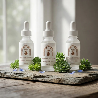 Lot de 3 flacons d’huile de nigelle visage & corps 100 ml, avec plantes grasses.