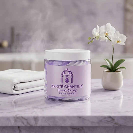 Pot de beurre corporel au karité violet, couvercle blanc, étiquette Sweet Candy.