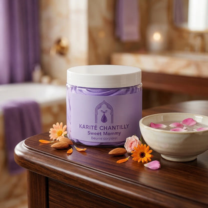 Pot de chantilly au karité lilas sur table en bois, fleurs et petit bol à côté.
