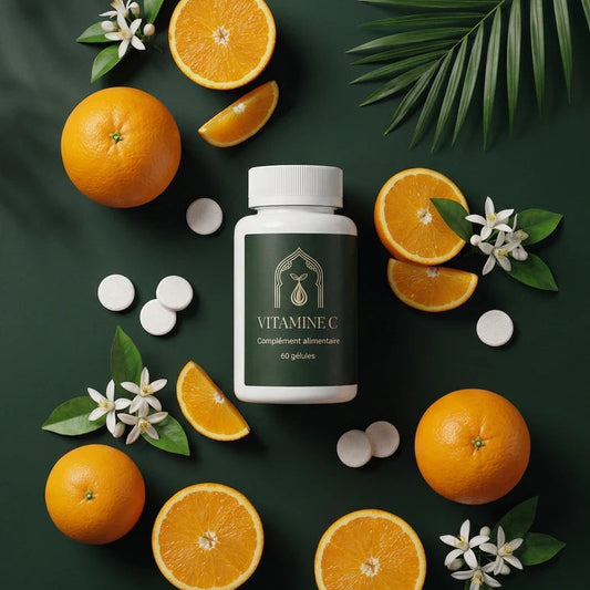 Bocal vert Vitamine C vu de dessus, entouré d’oranges et pastilles blanches