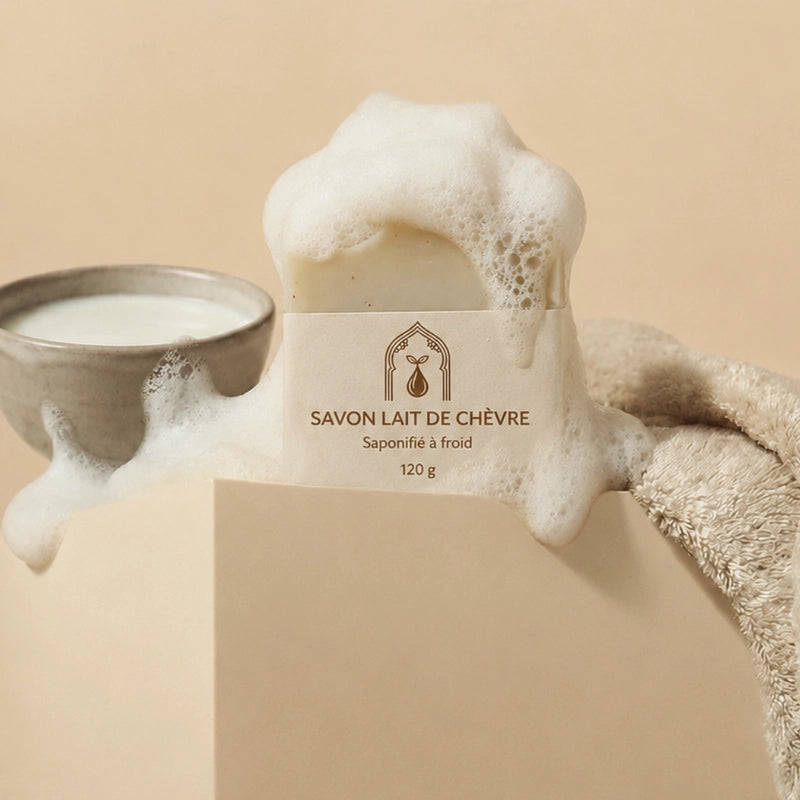 Savon au lait de chèvre blanc en bloc, étiquette crème, mousse autour