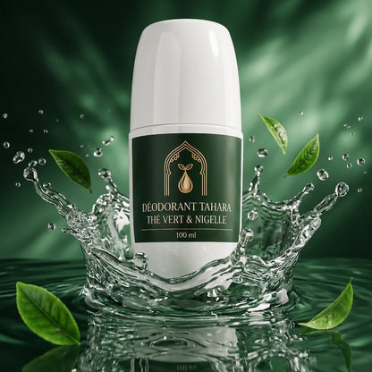 Déodorant Tahara blanc avec étiquette verte, motif doré, format 100 ml.