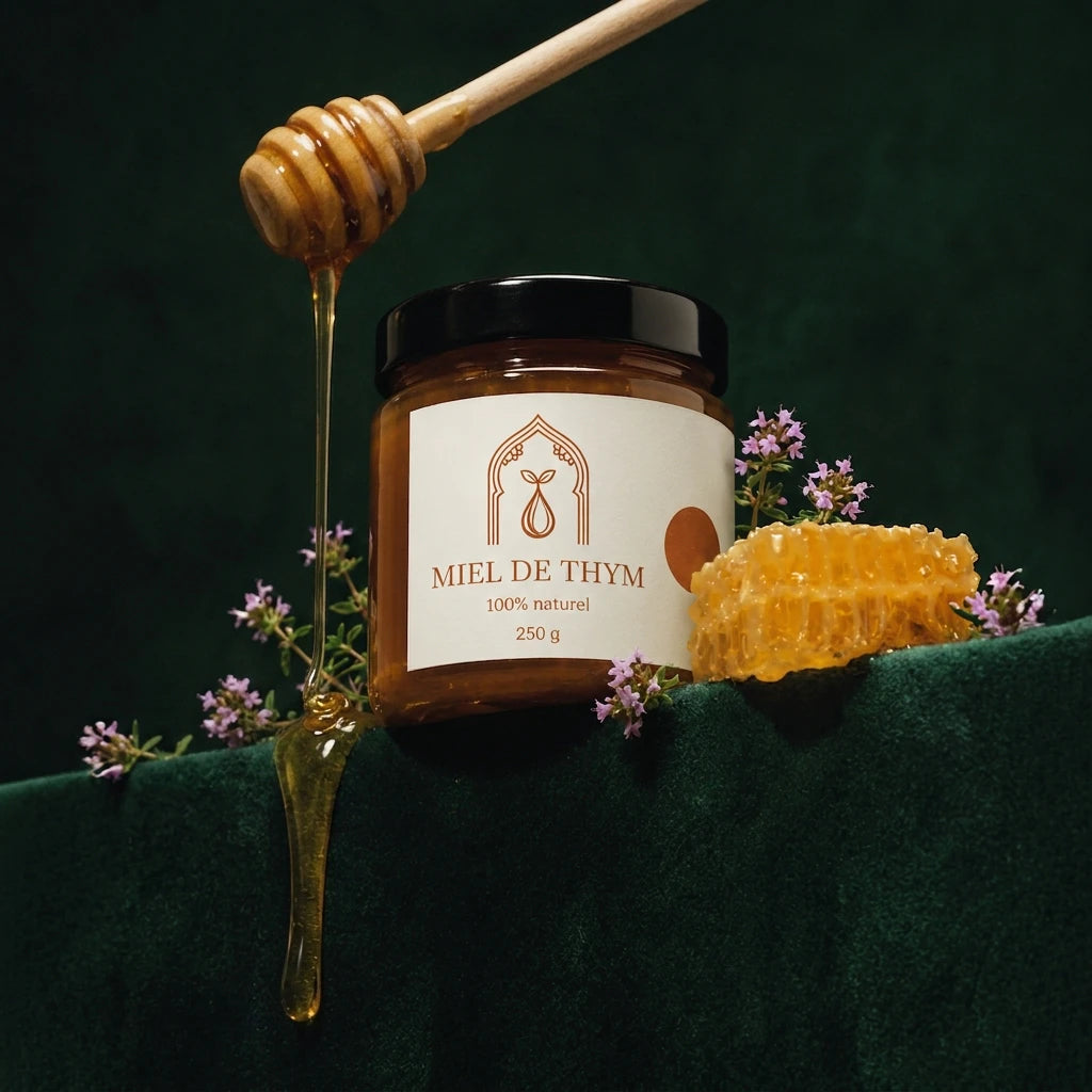 Pot de miel de thym 250 g, filet de miel coulant d’une cuillère en bois et rayon de miel