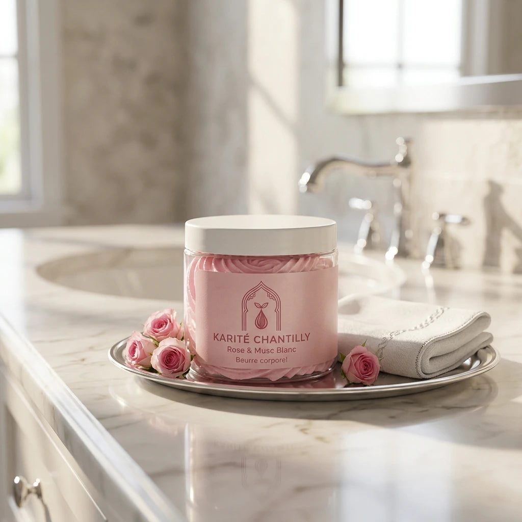 Pot de beurre corporel Karité Chantilly Rose & Musc Blanc sur plateau, couvercle blanc.
