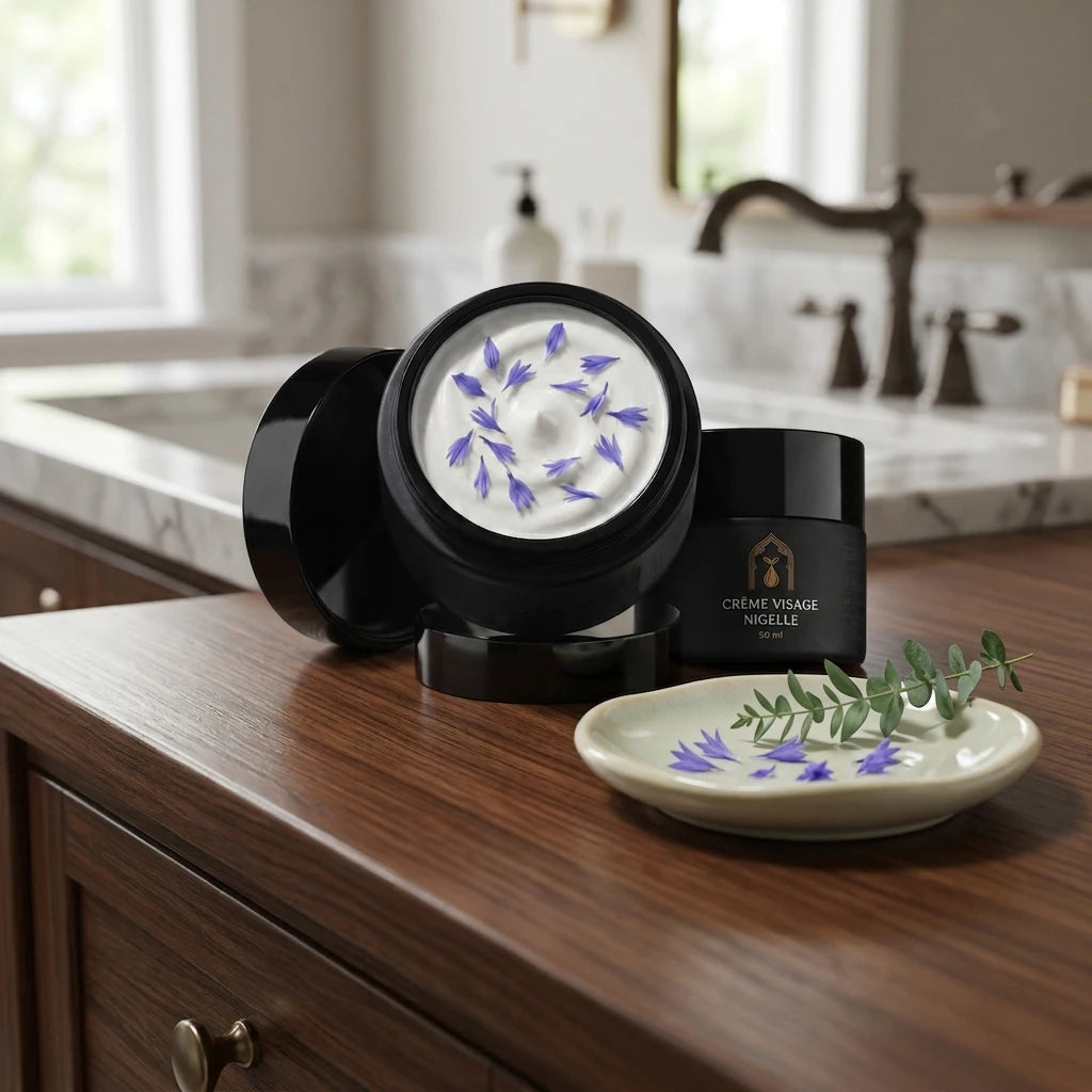 Pot de crème visage à la nigelle noir et coupelle de crème blanche aux pétales violets