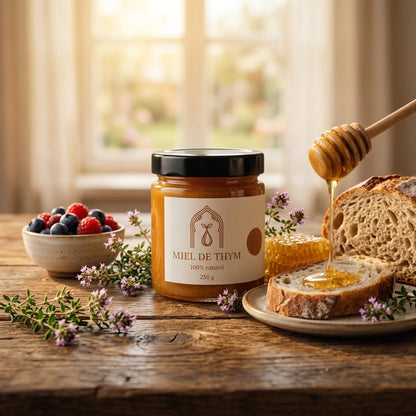 Pot de miel de thym 250 g, miel versé sur pain, cuillère en bois et fruits sur table