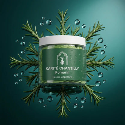 Pot de beurre de karité chantilly au romarin vert avec brins de romarin et gouttes.