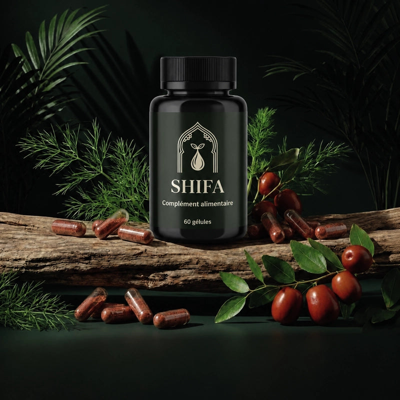 Flacon noir de compléments en gélules SHIFA 60, capsules brunes et feuilles vertes sur bois.