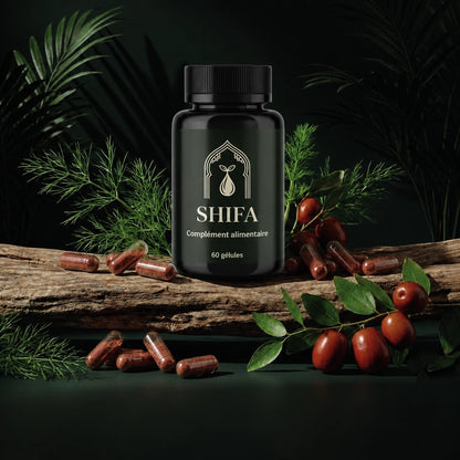 Flacon noir de compléments en gélules SHIFA 60, capsules brunes et feuilles vertes sur bois.