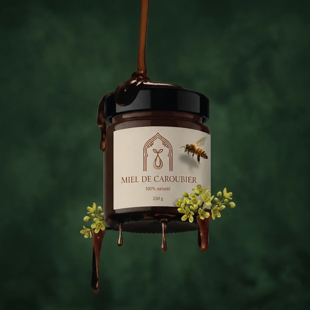 Pot de miel de caroubier 250 g, couvercle noir, filet de miel qui s’écoule