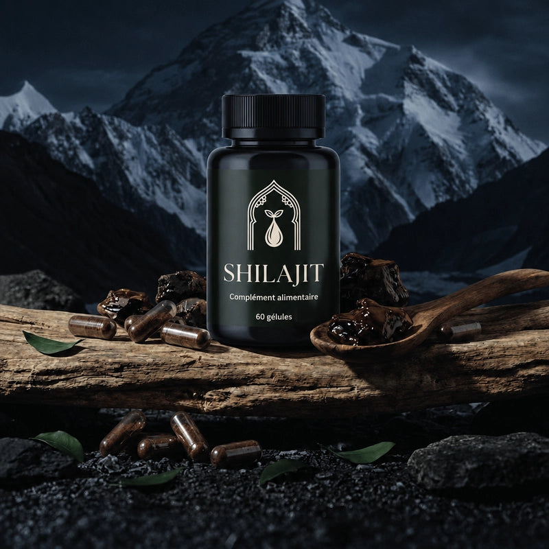 Bocal de Shilajit noir 60 gélules avec gélules, cuillère et feuilles vertes à côté.