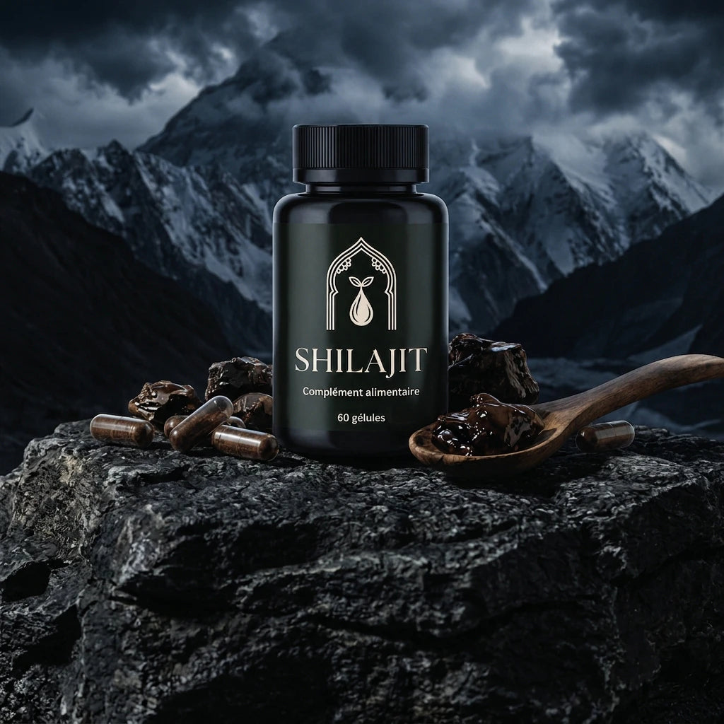 Bocal de Shilajit noir 60 gélules, gélules dispersées et cuillère avec résine sombre.