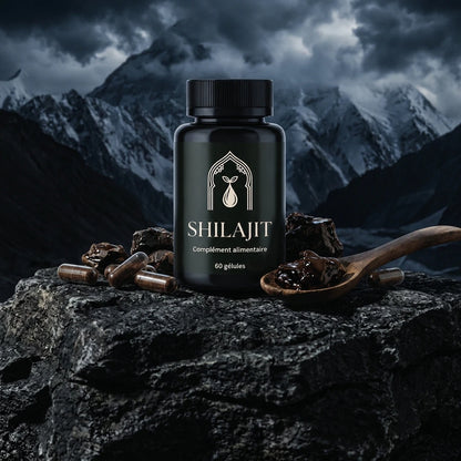 Bocal de Shilajit noir 60 gélules, gélules dispersées et cuillère avec résine sombre.