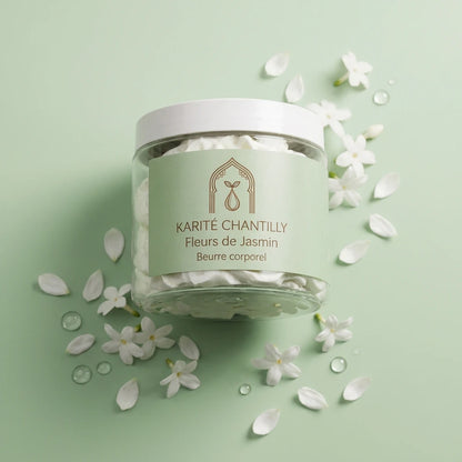 Beurre corporel au karité Fleurs de Jasmin en pot en verre, étiquette beige