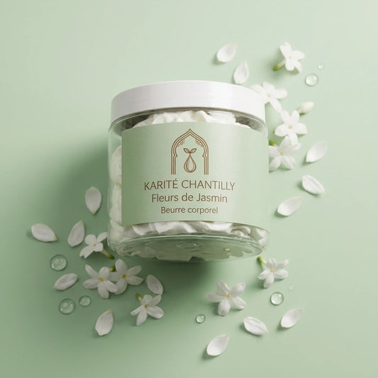 Beurre corporel au karité Fleurs de Jasmin en pot en verre, étiquette beige