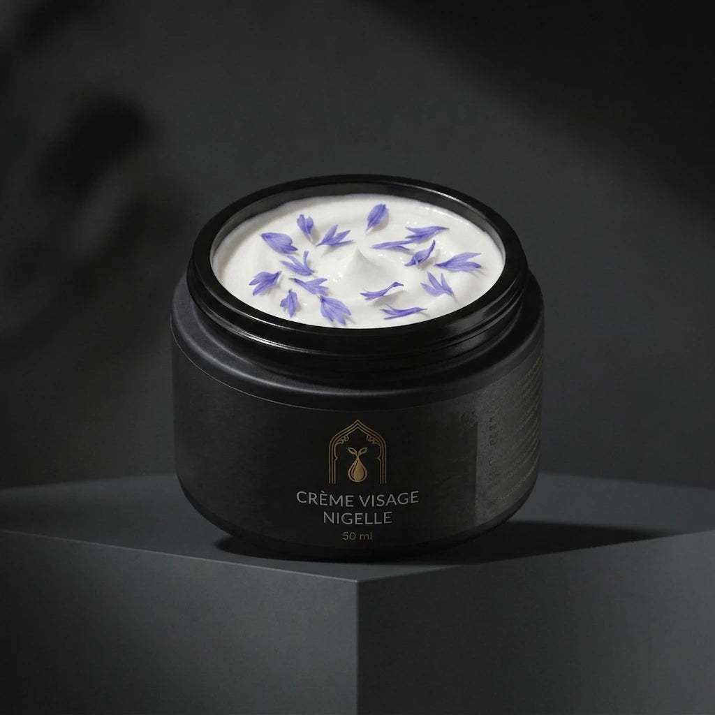 Pot de crème visage à la nigelle noir avec couvercle, crème blanche et fleurs violettes