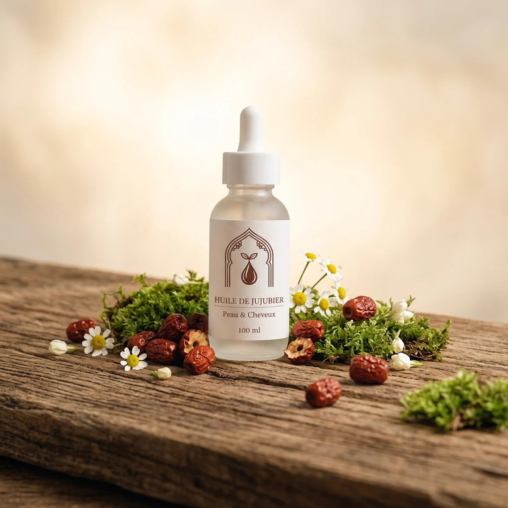 Flacon d’huile de jujubier sur tronc en bois avec fleurs et fruits, pipette blanche.