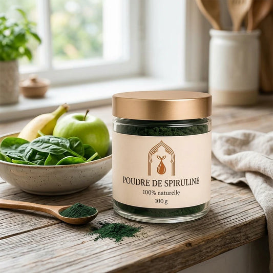 Pot en verre de poudre de spiruline verte bio, couvercle doré, 100 g