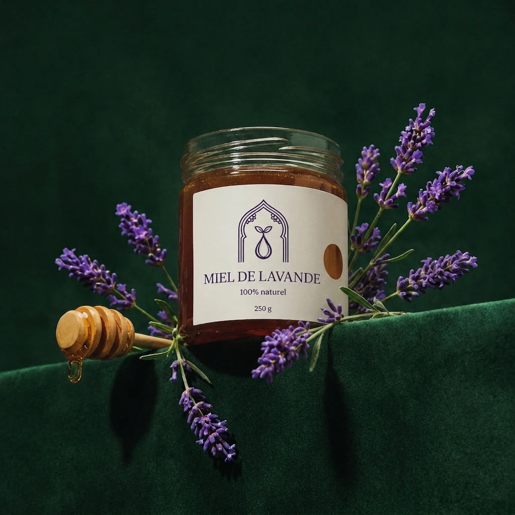 Pot de miel de lavande en verre, abeilleau et brins de lavande, cuillère en bois.