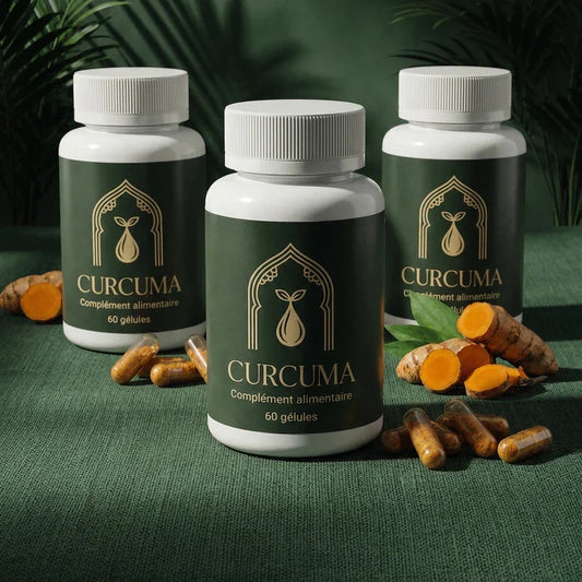 Flacons de complément alimentaire au curcuma, étiquette dorée, 60 gélules, avec racines.