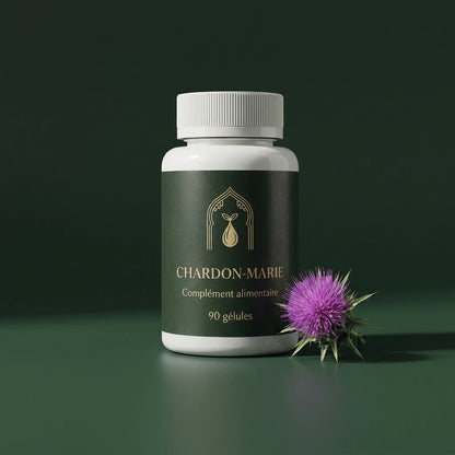 Flacon Chardon-marie vert, 90 gélules, avec fleurs violettes au premier plan
