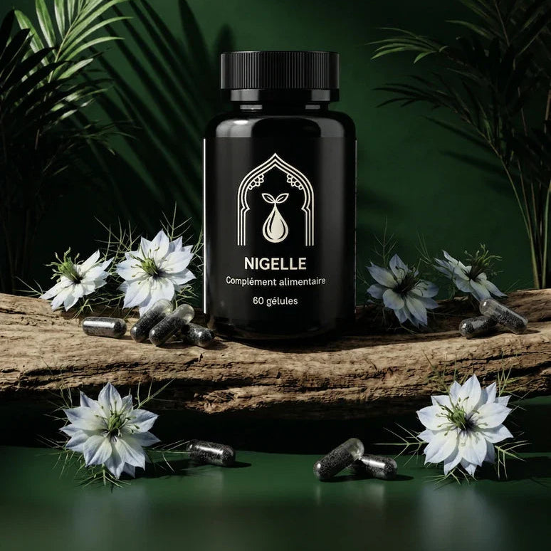Flacon noir Nigelle 60 gélules entouré de capsules sombres et fleurs blanches sur bois.