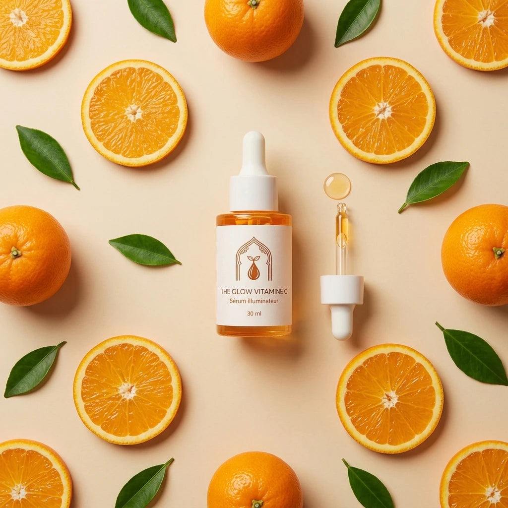 Sérum à la vitamine C en flacon compte-gouttes et flacon doseur ambré