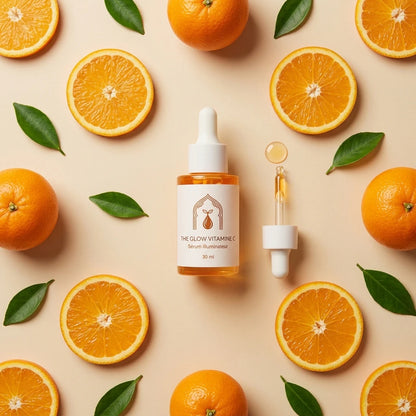 Sérum à la vitamine C en flacon compte-gouttes et flacon doseur ambré