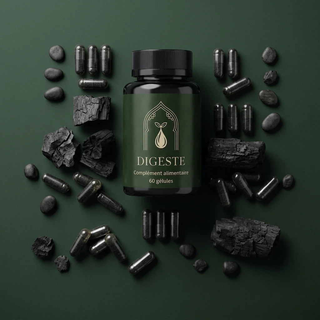 Complément alimentaire Digeste en bouteille vert foncé, bouchon noir, 60 gélules, capsules