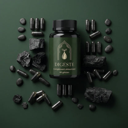Complément alimentaire Digeste en bouteille vert foncé, bouchon noir, 60 gélules, capsules