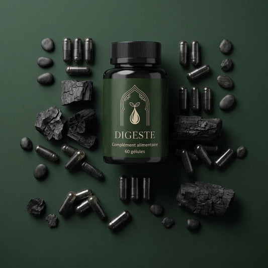 Complément alimentaire Digeste en bouteille vert foncé, bouchon noir, 60 gélules, capsules