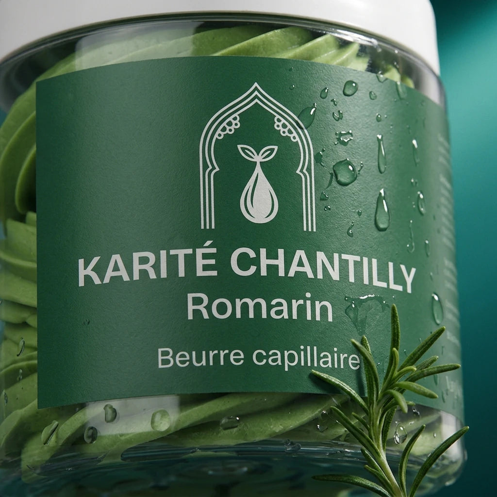 Pot de beurre de karité chantilly au romarin vert, étiquette blanche, gouttelettes visibles.