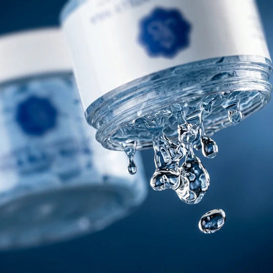 Pot de beurre corporel : gouttes d’eau bleue s’écoulant du couvercle blanc.