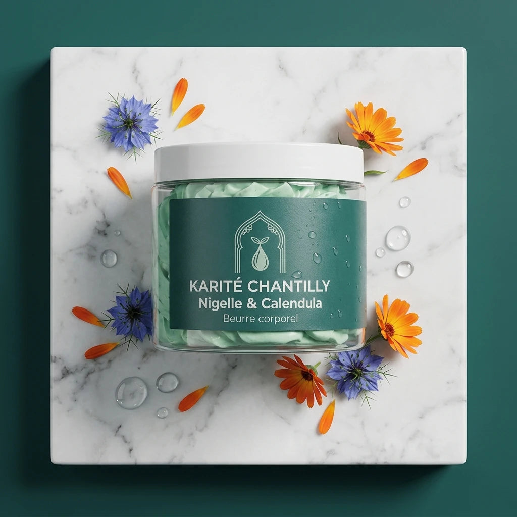 Pot de beurre corporel Karité Chantilly Nigelle & Calendula vert, fleurs orange et bleues.