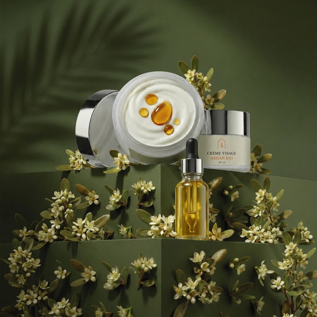 Crème visage à l’argan bio : pot ouvert et flacon ambré, crème ivoire